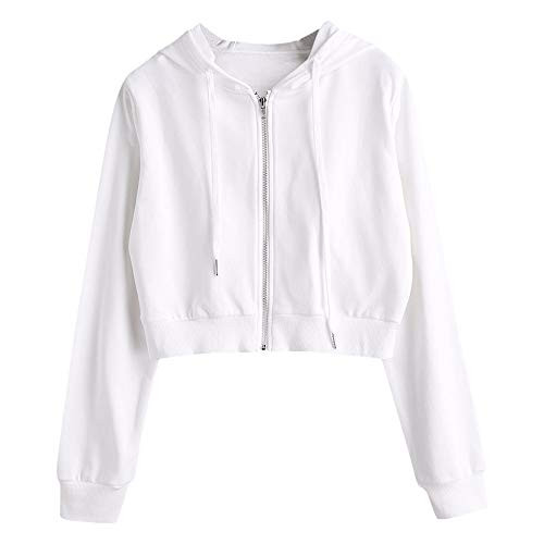 ZAFUL Womens Drawstring Zip Up Hoodie Sport Long Sleeve Crop Top Sweatshirts Coat Jacket White M