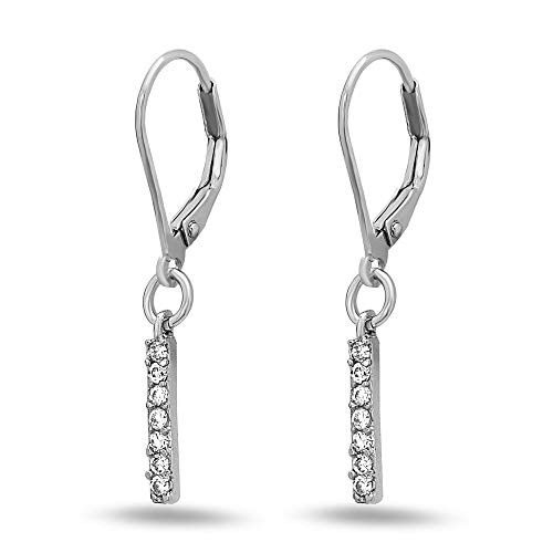 Tisoro 925 Solid Sterling Silver 16mm Dangling Bar Cubic Zirconia Earrings  Leverback CZ Dangle Jewelry