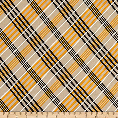 Fabric Merchants Double Brushed Poly Jersey Knit Plaid StoneMustard Fabric by the Yard