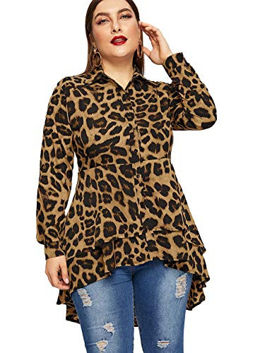 Romwe Womens Plus Size Leopard Print Long Sleeve High Low Button Down Longline Peplum Blouse Multicolor2 4XL