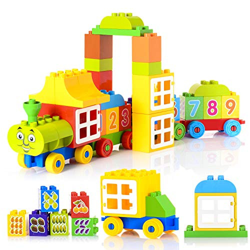 WishaLife 60 PCS My First Number Train, Alphabet Letter Building Blocks, Preschool Toy for Toddlers, Boys and Girls Gifts Compatible with Duplo(Alphabet and Number Stickers Randomly)