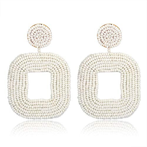 boderier Beaded Drop Earrings Bohemian Beaded Square Hoop Dangle Statement Earrings White