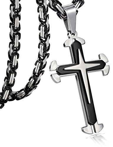FIBO STEEL Stainless Steel Cross Pendant Mens Byzantine Chain Necklace 5mm Wide 24 inches