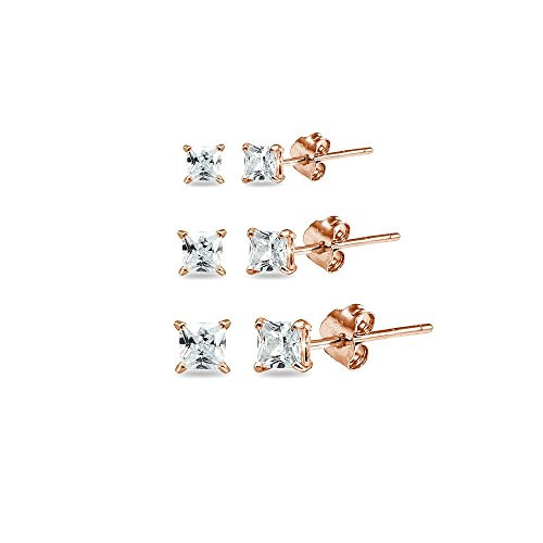 3 Pair Set Rose Gold Flashed Sterling Silver Cubic Zirconia PrincessCut Square Stud Earrings 3mm 4mm 5mm