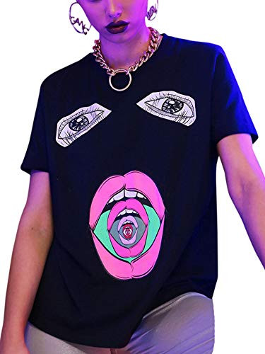 Romwe Womens Graphic Printed Cartoon Portrait Short Sleeve Casual TShirt Tee Top Black1 Large