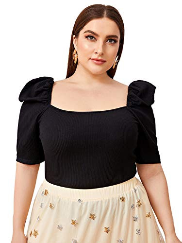 Romwe Womens Plus Size Puff Short Sleeve Square Neck Elegant Tops Blouse Shirts Black 3XL