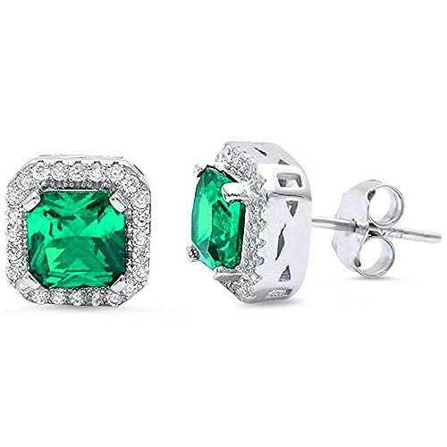 Blue Apple Co Halo Stud Post Earring Princess Cut Square Simulated Emerald Green Round CZ 925 Sterling Silver Blue Apple Co Halo Stud Post Earring Princess Cut Square Simulated Emerald Green Round CZ 925 Sterling Silver