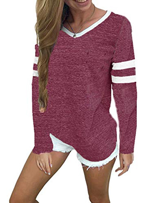 Womens Casual V Neck Sport T Shirt Long Sleeve Baseball Tee Shirt Tops Wine Red