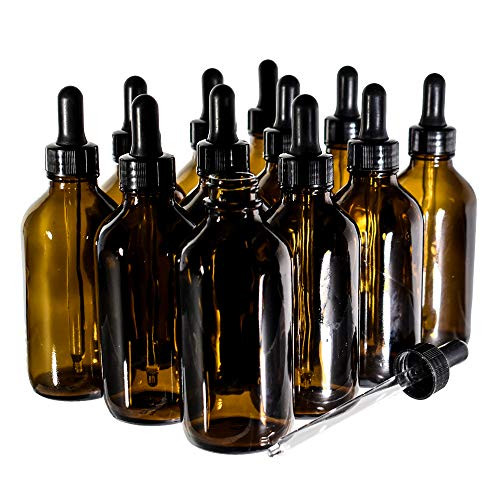 12 Pack 4 OZ AMBER BOSTON ROUND WITH BLACK GLASS DROPPER