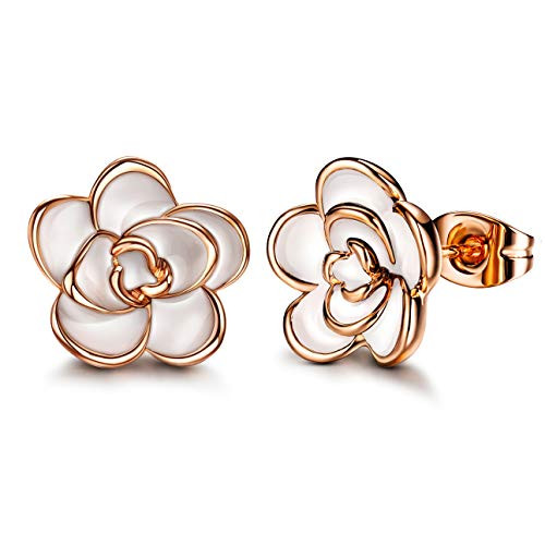 AllenCOCO 18K Gold Plated Black Rose Flower Stud Earrings for Women Medium White