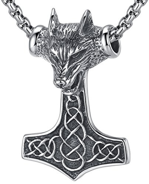 LineAve Mens Stainless Steel Large Wolf Viking Thors Hammer Pendant Necklace 232 Ext 8c0015 LineAve Mens Stainless Steel Large Wolf Viking Thors Hammer Pendant Necklace 232 Ext 8c0015