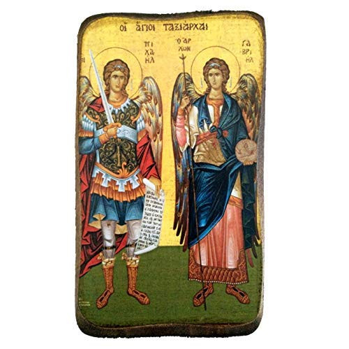 Wooden Greek Christian Orthodox Wood Icon of Archangel Michael and Gabriel  A0