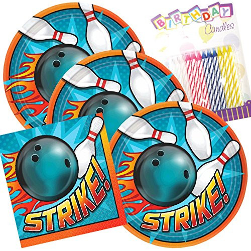 Lobyn Value Pack Bowling Party Plates and Napkins Serves 16 with Birthday Candles