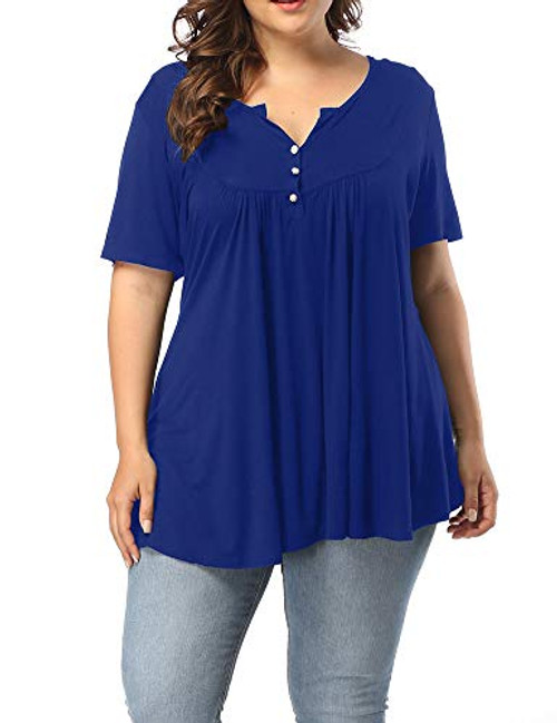 Allegrace Womens Plus Size Henley V Neck Button Up Tunic Tops Casual Short Sleeve Ruffle Blouse Shirts Blue 2X