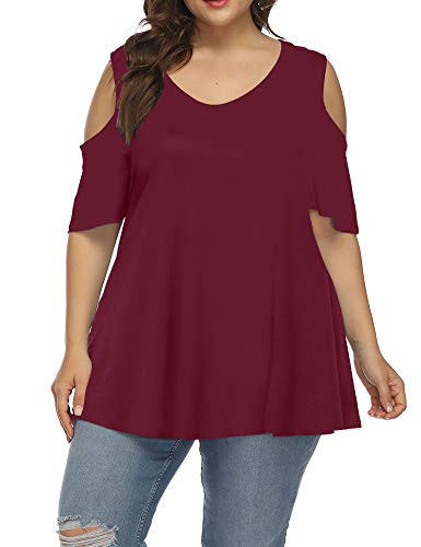 Allegrace Womens Plus Size Tops Cold Shoulder Tunic Top Casual Loose Short Sleeve V Neck T Shirts Solid Wine Red 2X