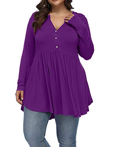Allegrace Womens Plus Size Henley V Neck Button Tunic Tops Long Sleeve Swing Flowy Shirts Purple 4X