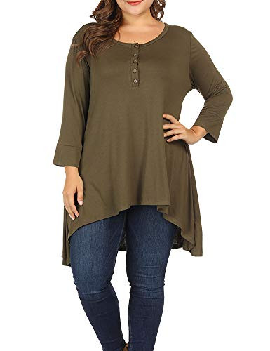 Allegrace Women Plus Size Henley Button Long Sleeve Tunic Shirts Round Neck Long Tunics Top Army Green 2X