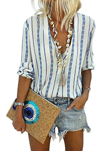 Astylish Womens Casual Long Sleeve Striped Print Deep V Neck Button Down Blouse Casual Petite Shirts Tops Sky Blue Large