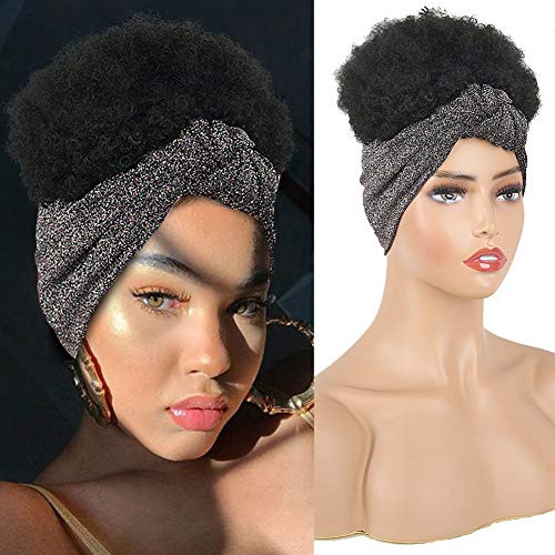 Aisaide Short Curly Wigs for Black WomenSynthetic Headband Wigs Wrap Wigs 2 in 1 Scarf Wig with Headband AttachedShort Black Kinky Curly Wigs Afro Updo Puff Headwrap Wig Kinky Coily Wig Turban Wig
