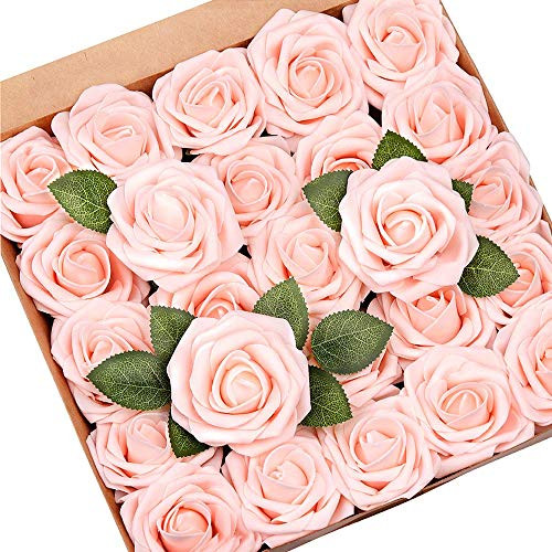 Mocoosy 50Pcs Artificial Rose Flowers Blush Pink Roses Real Touch Foam Fake Rose Bulk with Stem for Wedding Bouquets Centerpieces Bridal Shower Party Home DIY Artificial Flower Arrangement Decoration