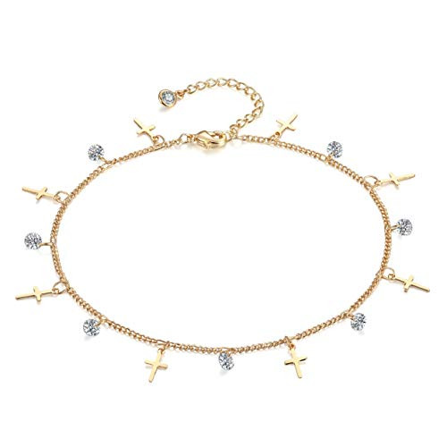 LOYATA Dainty Ankle Bracelet 14K Gold Plated Tiny Bead Anklet Dainty White Cubic Zirconia Cross Tassel Foot Chain Cute Lucky Brach Foot Jewelry Boho Anklets for Women Cross