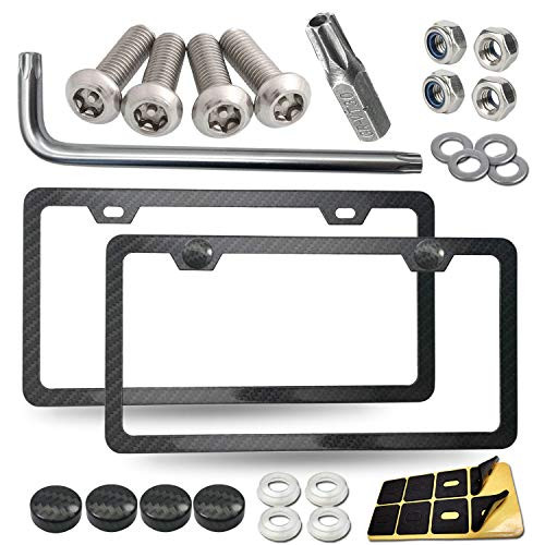 ZXFOOG Carbon Fiber License Plate Frames Black Aluminum Car Tag Holder Anti Theft License Plate Screws for Front and Rear Bracket 2 Pack Plate Mount Hardware Kit Stainless Steel Lock Bolts Caps