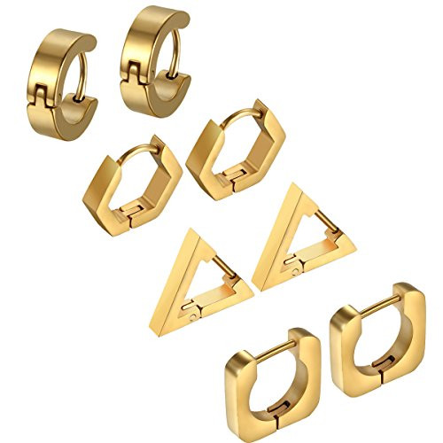 Aroncent 4 Pairs Stainless Steel Triangle Square Round Hoop Earrings for Men Women Geometric Huggie Earrings BlackGoldSilver