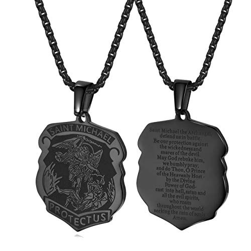 Sunligoo Mens 24 Inches Black Stainless Steel Dog Tag Pendant Necklace Saint Michael Archangel Medal Shield Pendant Necklaces