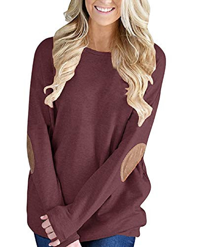 Auxo Women Long Sleeve Crewneck Solid Pullover Shirt Casual Loose Elbow Patch Sweatshirt Tunic Top Rusty Red M