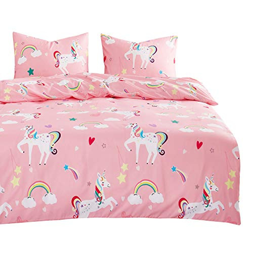 Wake In Cloud  Unicorn Comforter Set Pink Cute Fantasy Cartoon Colorful Rainbow for Kids Girls Toddlers Pattern Printed Soft Microfiber Bedding 3pcs Twin Size