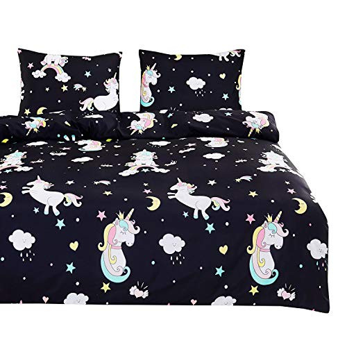Wake In Cloud  Unicorn Comforter Set Black Cute Fantasy Cartoon for Kids Girls Toddlers Pattern Printed Soft Microfiber Bedding 3pcs Twin Size