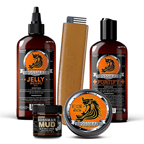 Bossman Complete Beard Kit  Beard Oil Conditioner and Balm Eliminate Beard Itch Grow a Thicker More Mature Beard Stagecoach Scent