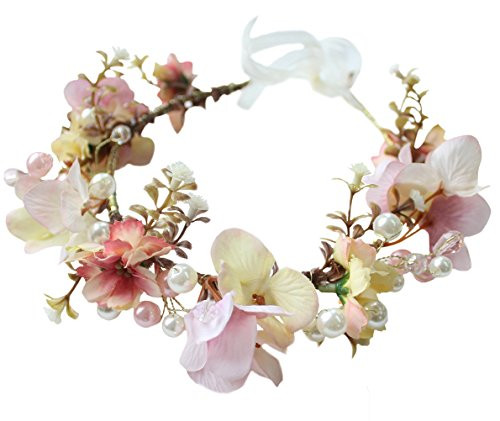Flower Wreath Crown Boho Flower Headband Hair Garland Floral Headpiece Halo with Ribbon Wedding Party Festival Photos Pink by Vivivalue
