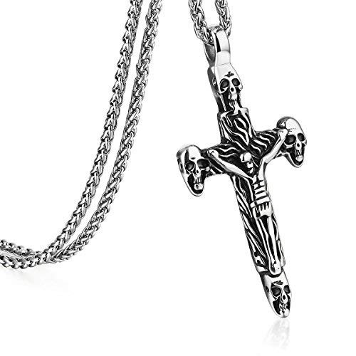 COTTVOTT Mens Punk Stainless Steel Skull Cross Crucifix Pendant Necklaces 2165 Chain Jewelry