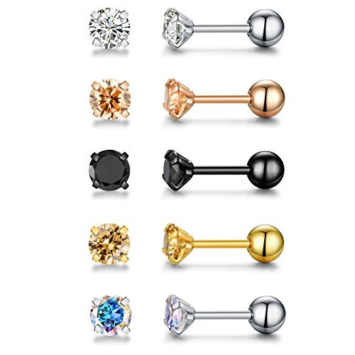 18g Stainless Steel Cubic Zirconia Stud Earrings for Women Men Cartilage Ear Piercings Helix Tragus Screw Backs 4mm Set