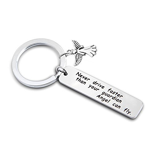 PLITI Never Drive Faster Than Your Guardian Angel Can Fly Keychain Guardian Angel New Driver Driving License Key Chain Gift ECI Never Drive