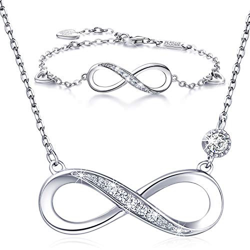 Billie Bijoux 925 Sterling Silver Necklace Bracelet One Sets Forever Love Infinity Heart Love Jewelry Sets White Gold Plated Diamond Women Necklace Gift for Christmas ASilver