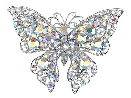 Alilang Silvery Tone Crystal Rhinestone Hollow Out Butterfly Brooch Pin Aurora Borealis