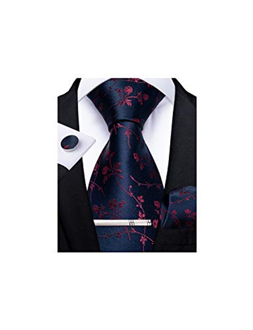 DiBanGu Mens Silk Necktie Solid Plain Tie and Pocket Square Cufflink Set Formal Business Wedding FloralNavy Red