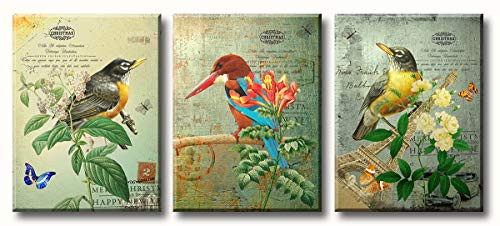 BLINFEIRU Birds Canvas Wall Art Decor for Home Bedroom Bird on Blooming Flower Branch Retro Style Nature Decoration Hallway Painting Print Vintage Artwork Pictures Framed 36W X 16H Ready to Hang