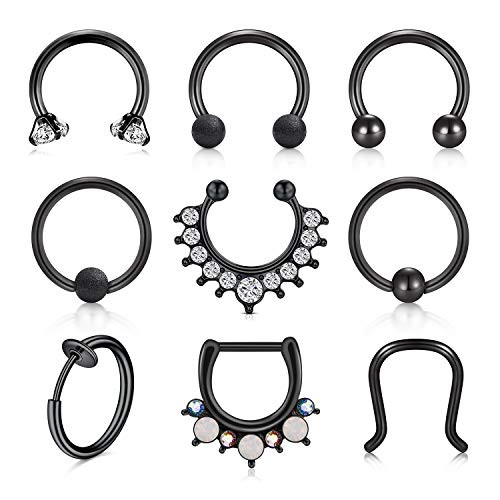 LAURITAMI 16G Stainless Steel Septum Nose Rings Hoop Horseshoe Barbell Cartilage Daith Tragus Helix Hinged Seamless Clicker Daith Rook Earrings Piercing Jewelry 8mm Black