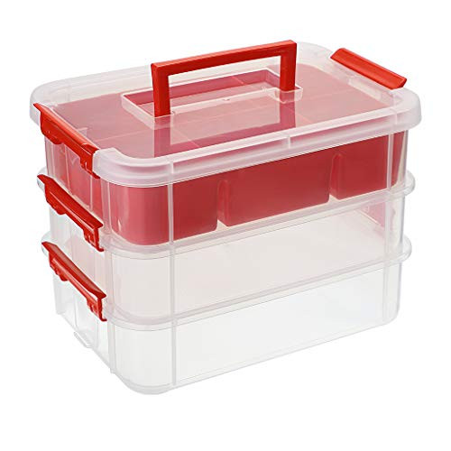 BTSKY 3 Layer Stack  Carry Box Plastic Multipurpose Portable Storage Container Box Handled Organizer Storage Box with Removable Tray for Organizing Sewing Art Craft Supplies Red