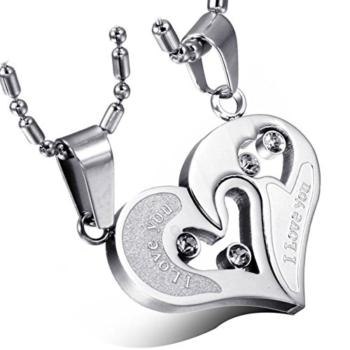Cupimatch 2Pieces Couples Necklace Silver Stainless Steel I Love You Heart Rhinestone Puzzle Matching Pendant with Chain Cupimatch 2Pieces Couples Necklace Silver Stainless Steel I Love You Heart Rhinestone Puzzle Matching Pendant with Chain