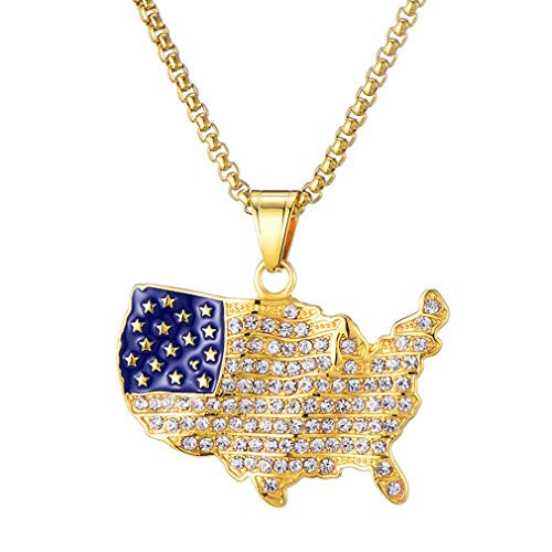 Nsitbbuery Hip Hop 18K Gold Plated Stainless Steel American Flag Map Tag Pendant Ice Out Crystal Chain Necklace