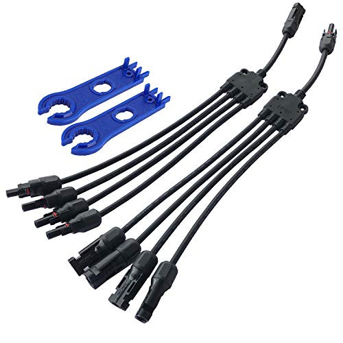 JUCTect MC4 Y Branch Connectors 1 to 4 Solar Panel Parallel Adapter Cable Wire Plug with MC4 Connector Assembly Tool (M/FFFF and F/MMMM+Tools)