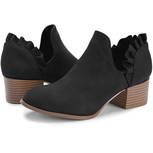 Ermonn Womens Ruffle Ankle Boots V Cut Out Pointed Toe Booties Chunky Low Heel Slip on Western Shoes Black