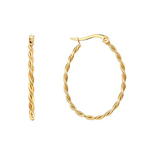 Feximzl 18K Gold Plated Stainless Steel Twisted Rope Round Hoop Earrings for Women in Yellow Gold Color Design B Yellow Gold