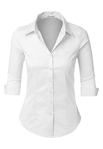 SUNNOW Womens Roll Up White Tailored 34 Sleeve Button Down Shirt with Stretch