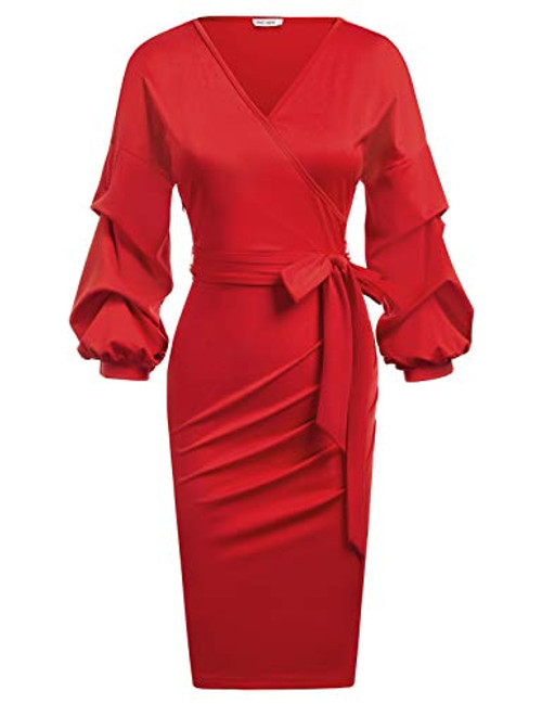 Womens VNeck Wrap Dress Wear to Work Business Pencil Dress Knee Length Red XXL