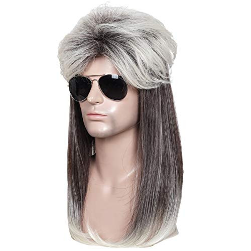 ColorGround Long Straight Brown and White 80s Mullet Rocker Style Wig for Men